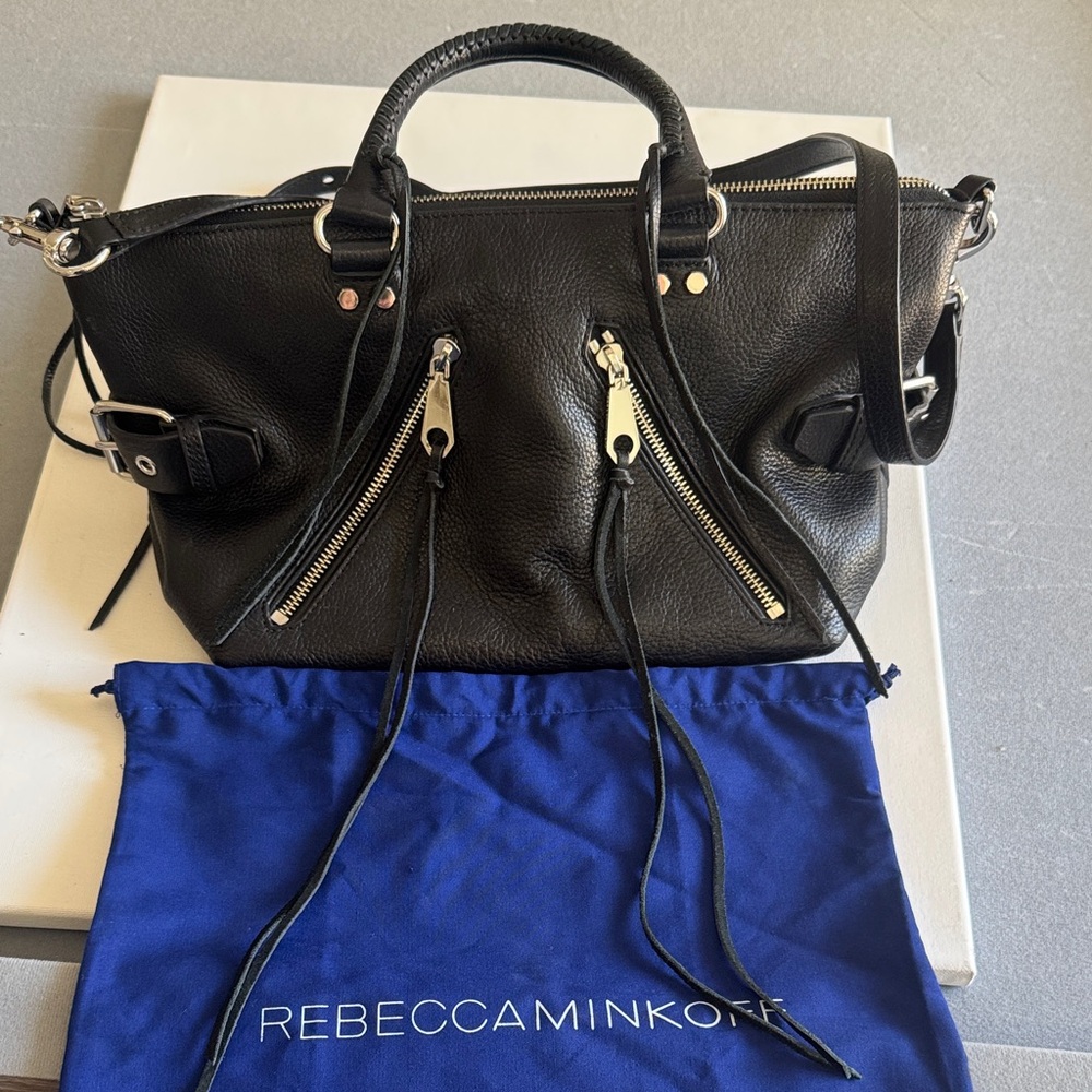 Rebecca Minkoff Black Large Pebbled Moto Leather Satchel Crossbody Silver Zipper